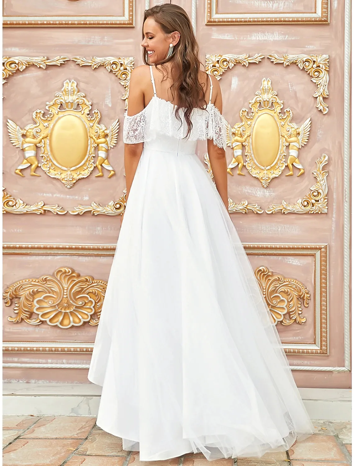 2023 Off-Shoulder Lace asymmetrical wedding dress with High-Low Hemline and Short Sleeves - Perfect for Bridal Parties, Beach Weddings, and More! 2023 Off-Shoulder Lace asymmetrical wedding dress with High-Low Hemline and Short Sleeves - Perfect for Bridal Parties, Beach Weddings, and More!
