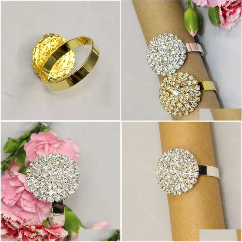 Napkin Rings Wholesale 12 Pcs Sier/Golden Rhinestone Serviette Holder Wedding Drop Delivery Home Garden Kitchen Dining Bar Table Dec Dhsp7