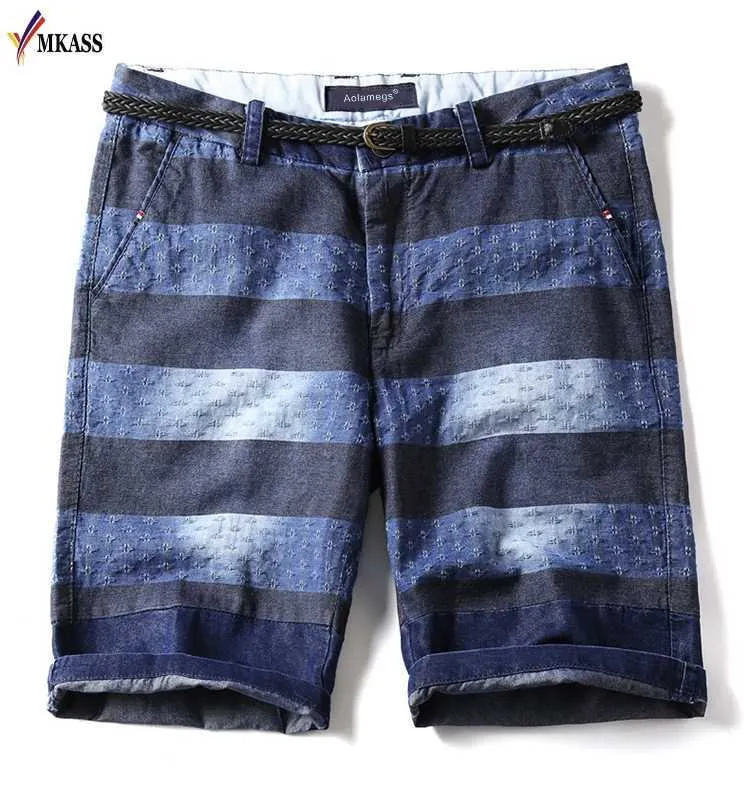 Hot Sale Mens Denim Shorts Fashion Striped Straight Jeans Shorts Men Cotton Blue Knee Length Brand Washed Beach Clothing