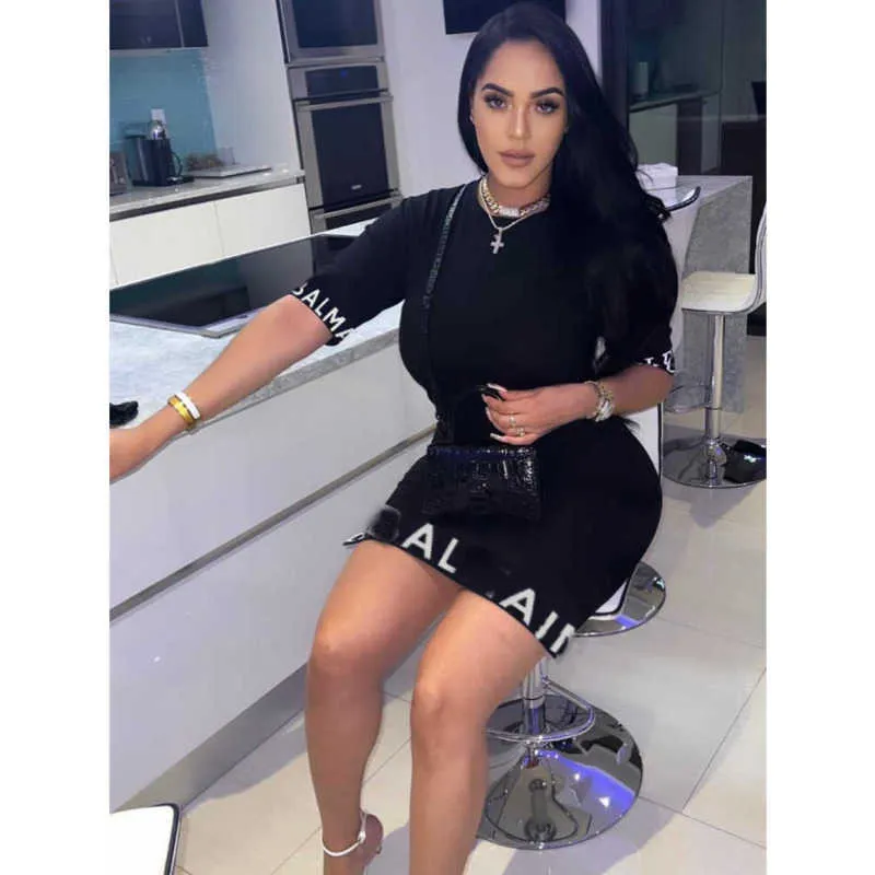 Plus Size 2023 Women Dress Letter Printed Short Sleeve Slim Fit Wrap Hip Black Dress for Women