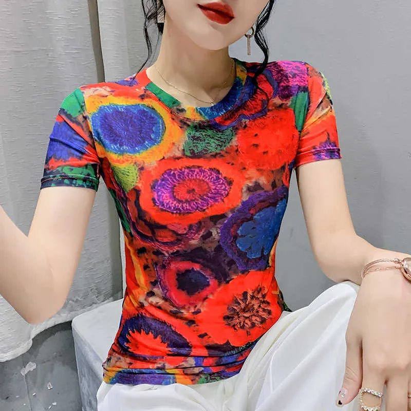 T-shirt 40-80 kg tissu en maille à manches courtes col rond imprimé fleur T-shirt haut d'été pour femme P230602