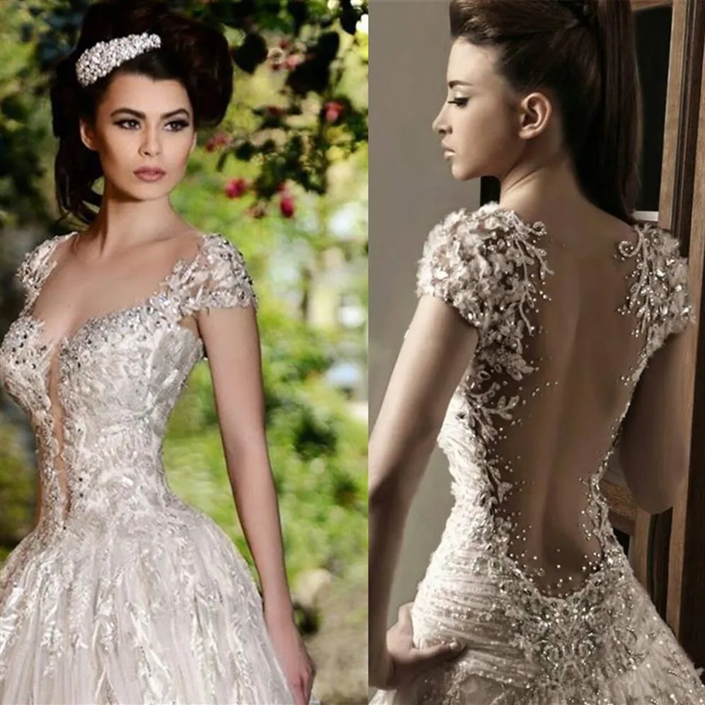 Rami Salamoun Glamorous RhinestoneS Lace Applique Beads Crystals Flowers Wedding Dresses Cap Sleeves Floor Length Luxury Bridal Go262H