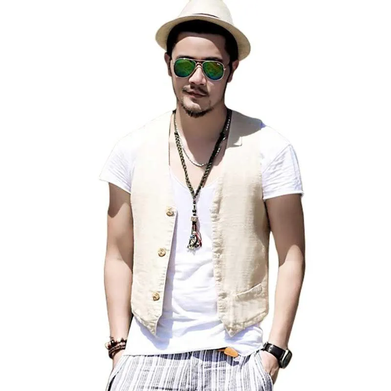 Vests Summer Linen Suit Vest Men Casual Slimming Vest Office Formal Dress Wedding Waistcoat Male Clothing White Blue Black Plus Size