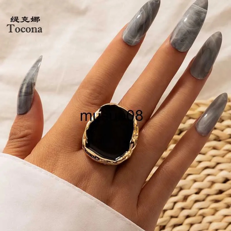 Bandringar Tocona Bohemian Black Stone Joint Ring for Women Men Charms Dripping Oil Big Joint Ring Gothic Jewelry Accessories 16916 J230602