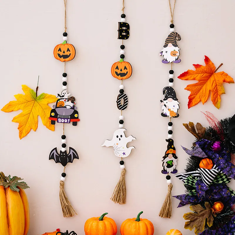 Halloween Wooden Bead Tassels Ornaments with Pumpkin Bat Ghost Gnome Wall Hanging Garland Tiered Tray Decor XBJK2306