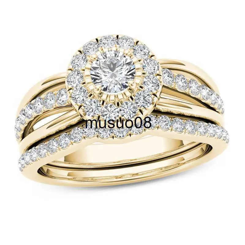 Bant Yüzükleri Hoyon Natural 2 Karatlar Çift Mücevherler İçin Seti 14K Altın Renk Vintage Çiçek Şekli Bizuteria Düğün Anillos De Ring J230602