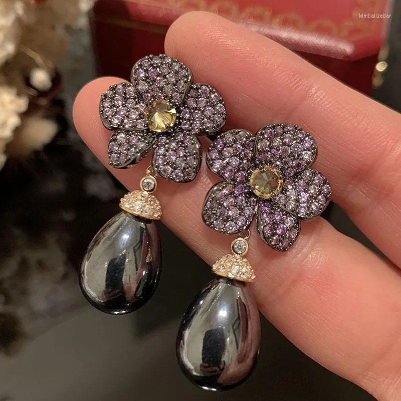Dangle Earrings Retro Exaggerated Purple Flower Black Pearl Pendant Women Petal Trendy Ins Romance Charm Ear Jewelry