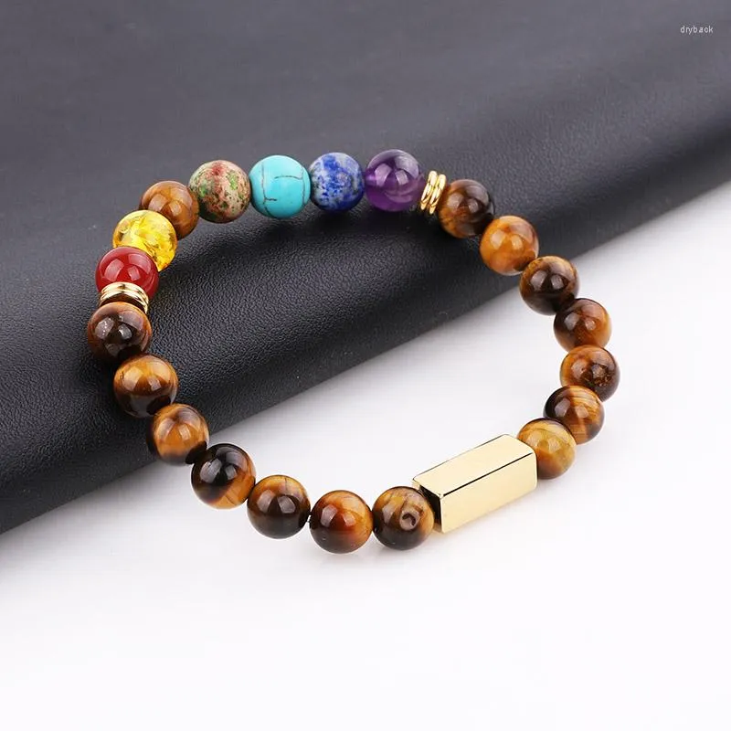 Strand 7 Chakra Yoga Power Testo personalizzato gratuito Charm in acciaio inossidabile Braccialetto elastico con perline maschili Regalo Uomo Donna