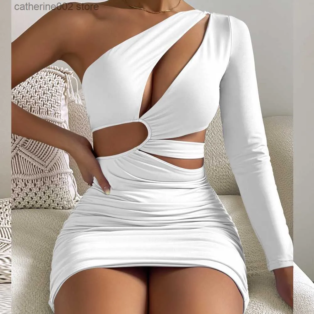 Party Jurken Fairyshely Sexy Strakke Avond Mini Jurk 2022 Hollow Out Jurk Een Schouder Lange Mouwen Bodycon Witte Jurken voor Vrouw T230602