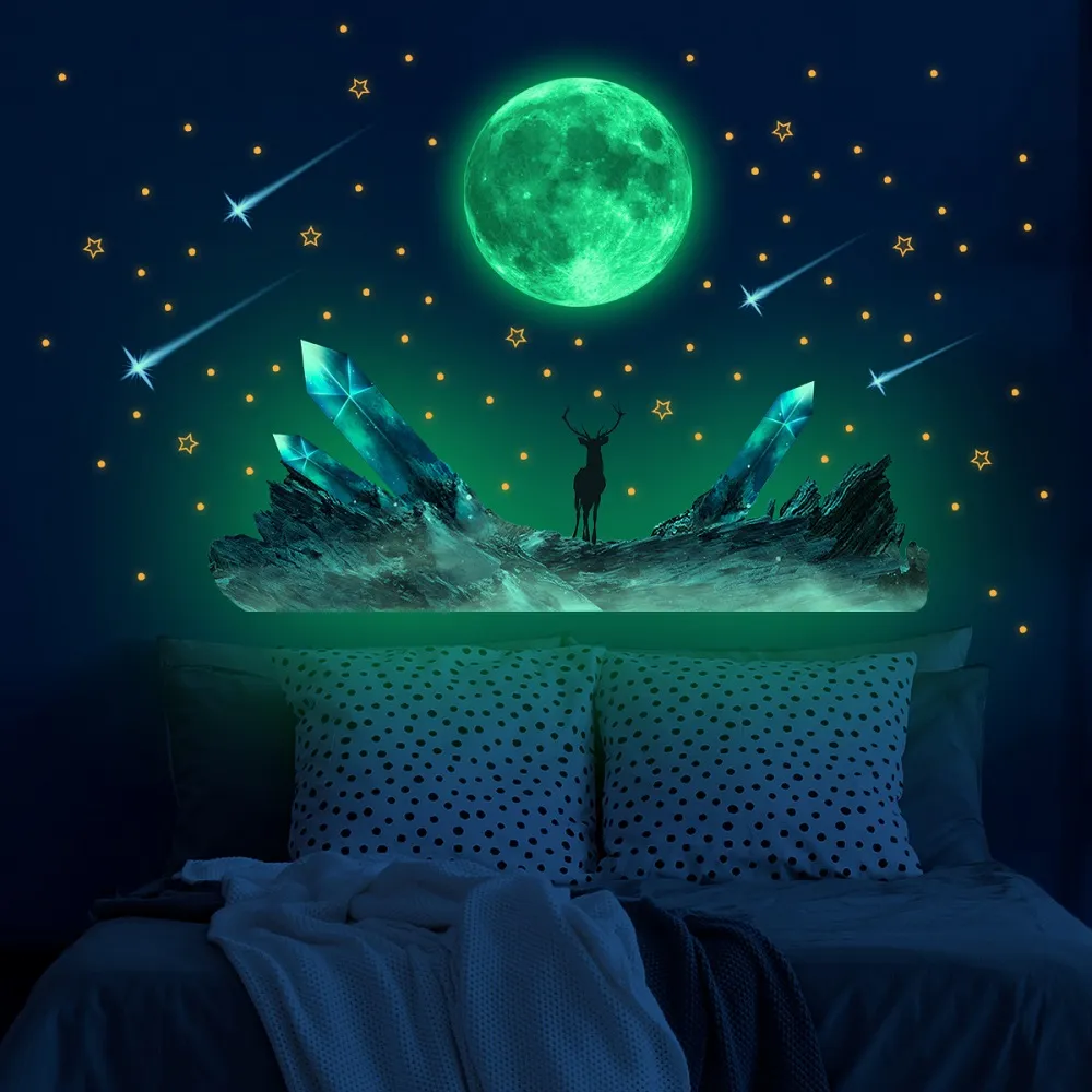 Lysande måne stjärnor vägg klistermärken fluorescerande hjort glöd i de mörka klistermärkena för barn sovrum vardagsrum hem dekor vägg dekal