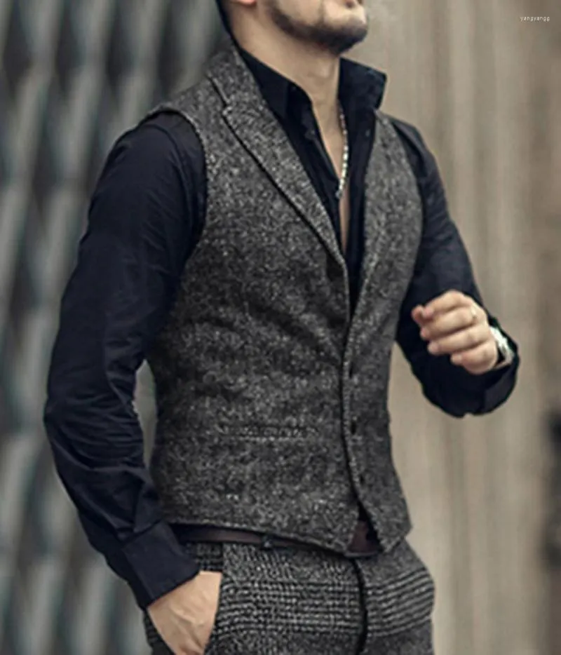 Men's Vests Grey Herringbone Men's Lapel V Neck Wool Casual Formal Business Vest Slim Fit Gilet Waistcoat Groomman
