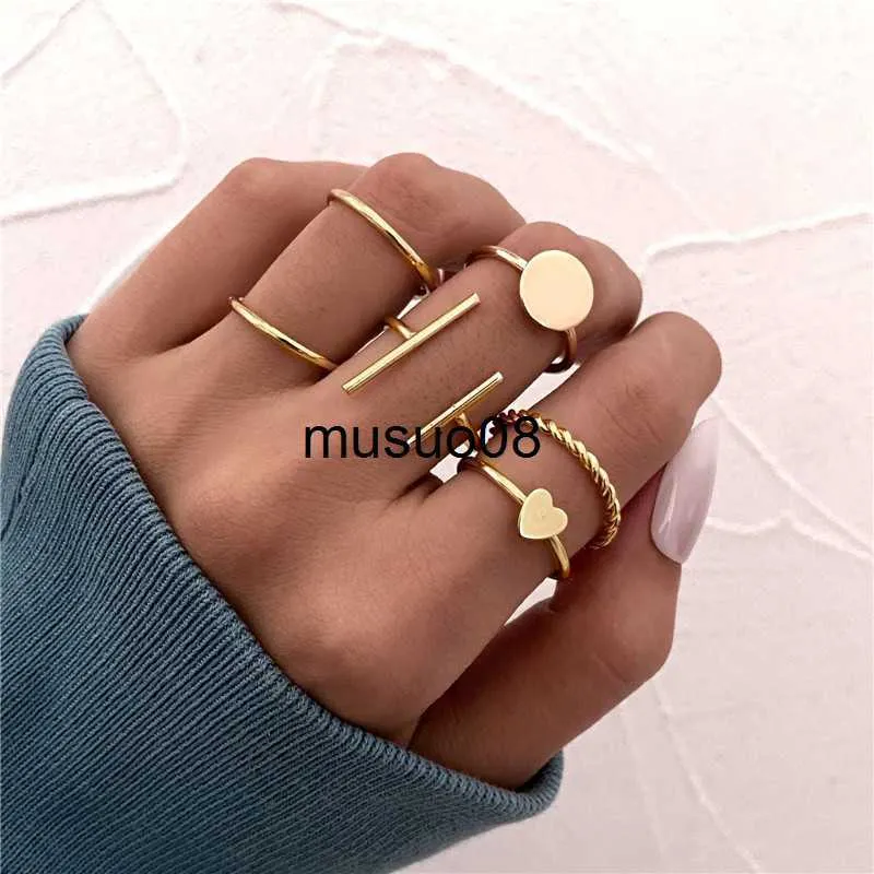Anelli a fascia Modyle Vintage Gold Color Heart Geometric Midi Joint Ring Set per le donne Minimalista in metallo con apertura Knuckle Ring J230602