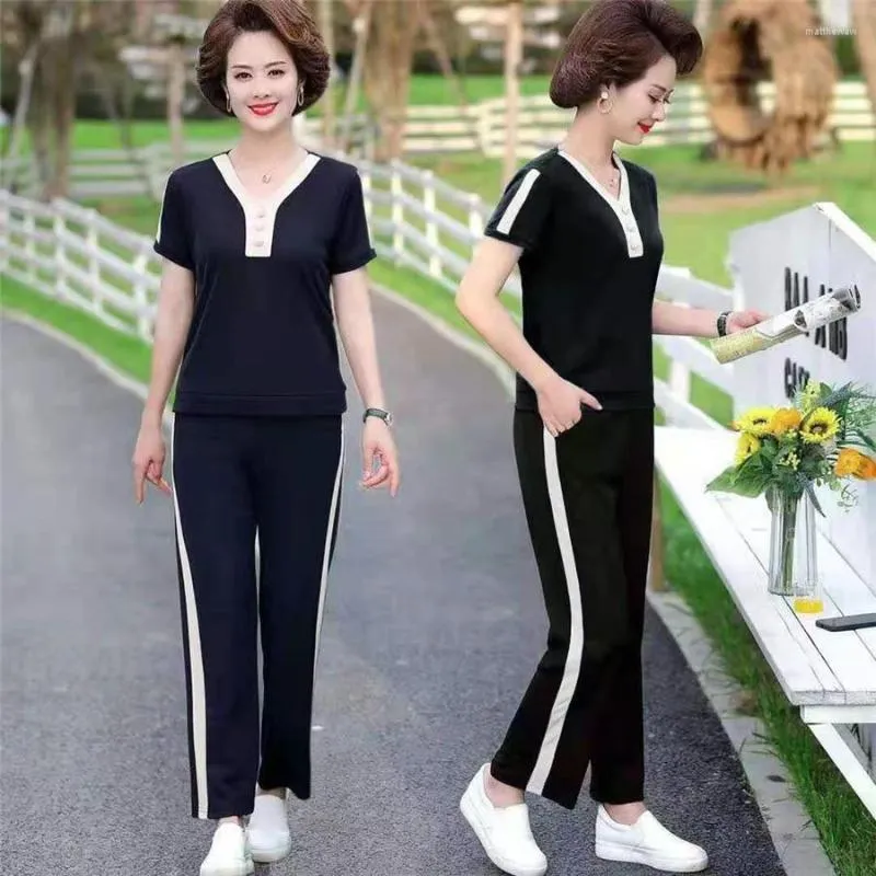 Women's Two Piece Pants 2023 Spring Summer Casual Tracksuit Crop Top Short Sleeves T-shirt 2 Set Women Middle Waist Wide Leg Pant Suits