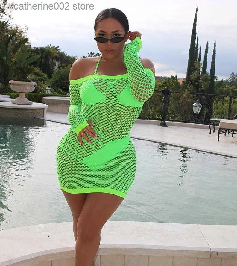 Sukienki imprezowe seksowne neon zielone letnie sukienki na plaży Kobiety z ramion długoterminowych sukienka bodycon mesh pusta mini sukienka z odzieży klubowej t230602