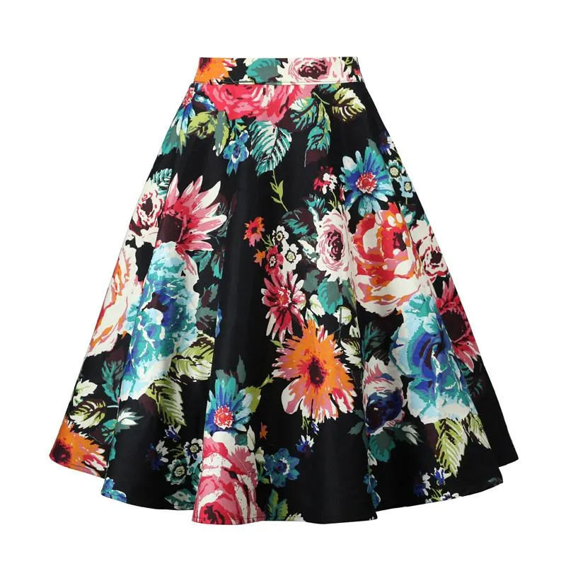 Vestidos 50s 60s túnica midi saias uma linha midi floral retro skater cintura alta algodão estilo vintage feminino flor impressão elegante saia