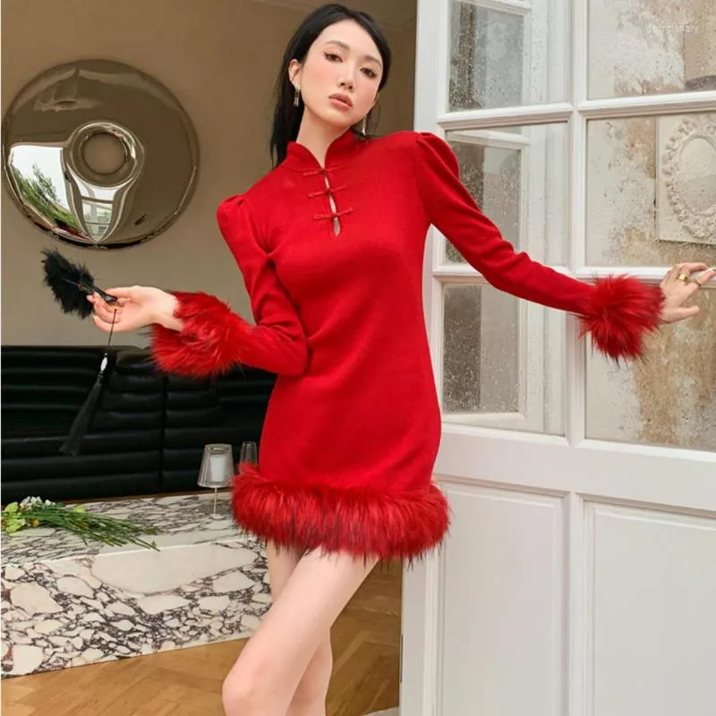 Abiti casual Sweet Fashion Red Dress 2023 Year Chinese Style Furry Long Sleeves Sexy Slim Short Chic Women Christmas Party