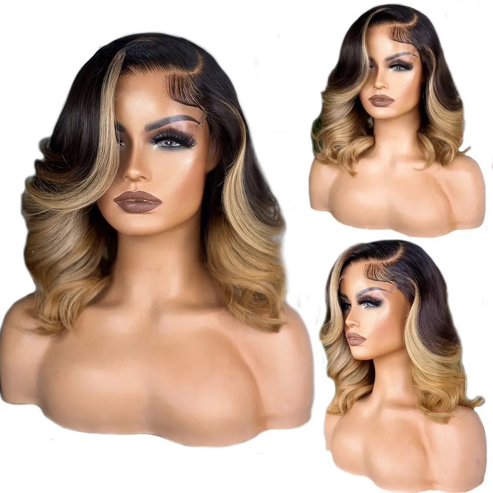 Brazilian Highlight Honey Blonde Body Wave Short Bob Wig Glueless Ombre Simulation Human Hair 360 Full Lace Front Wigs for Women