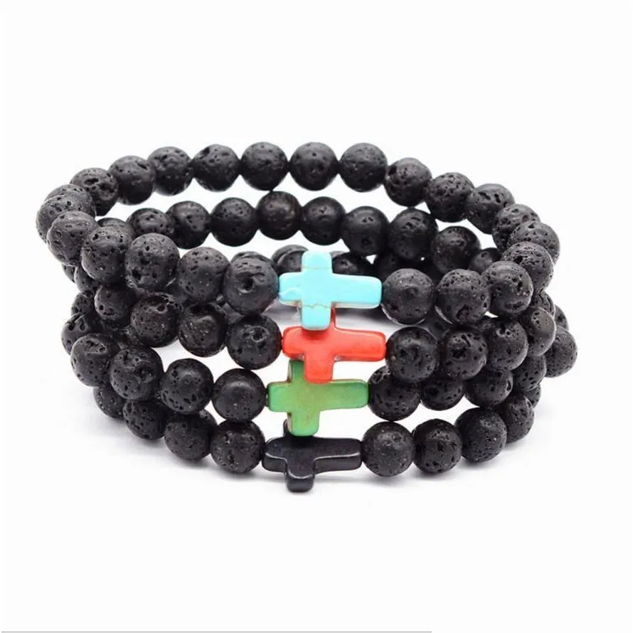 Pulseira de pedra de lava preta com cruz natural frisada Chakra Healing Nce Beads pulseira para homens e mulheres com elasticidade Yoga Jóias Drop Delivery Dhmaj