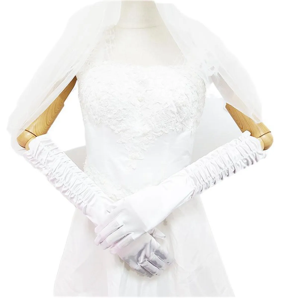 Bride Wedding Gloves Women`s Wrinkled Stage Performance Wedding Satin Gloves