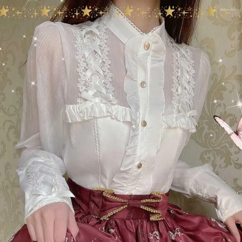 여자 블라우스 오리지널 디자인 셔츠 소녀 로리타 블라우스 탑 넥타이 커프스 달콤한 흰색 베이지 리본 크로스 활 내부 JSK 드레스.