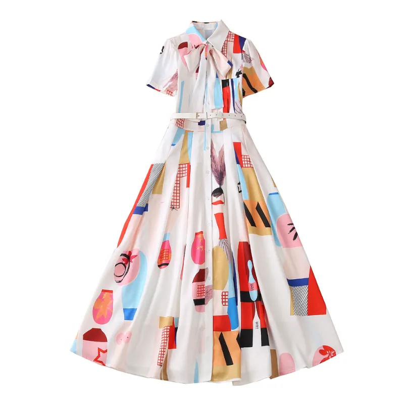 Summer Geometric Print Ribbon Tie Bow Dress Kort ärm Lapel Neck Belted Midi Casual Dresses A3A101528