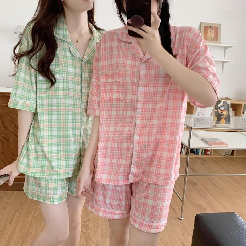 Kadın pijama sevenler bahar pijama seti ekose kısa kollu şort pamuklu erkek ve kadın çift ev giyim gündelik