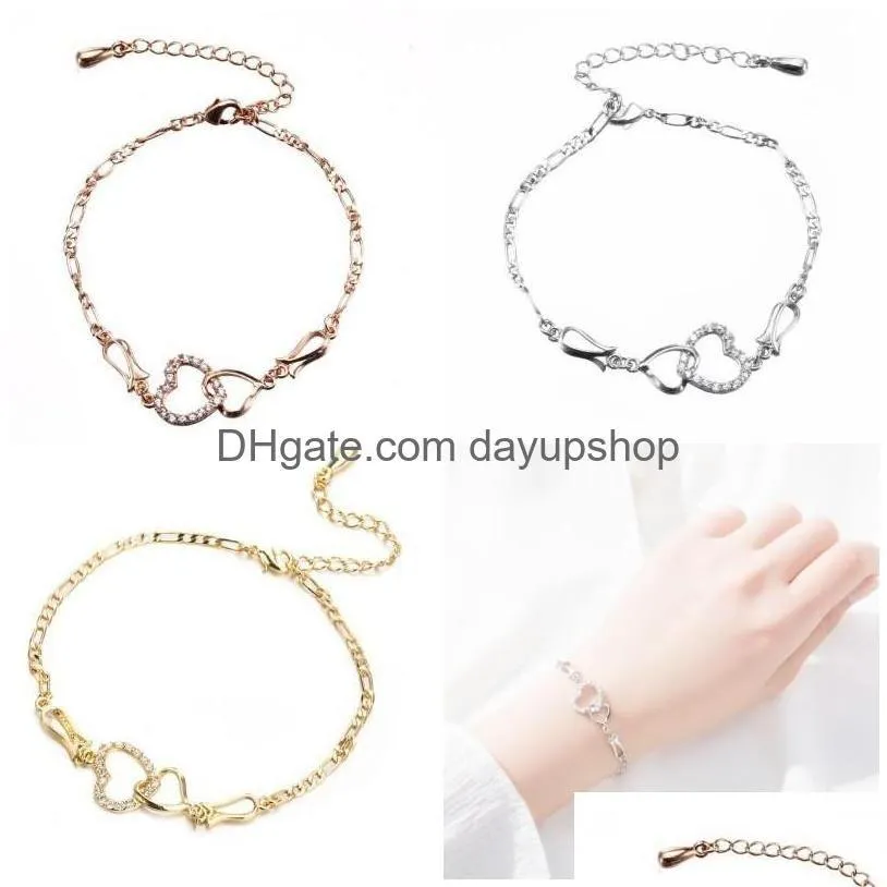 Anklets Women Summer Beach Feet Jewelry Gold Sier Rose Adjustable Cz Double Hearts Anklet Chain Bracelet For Wedding Party 295 W2 Dr Dhfnv