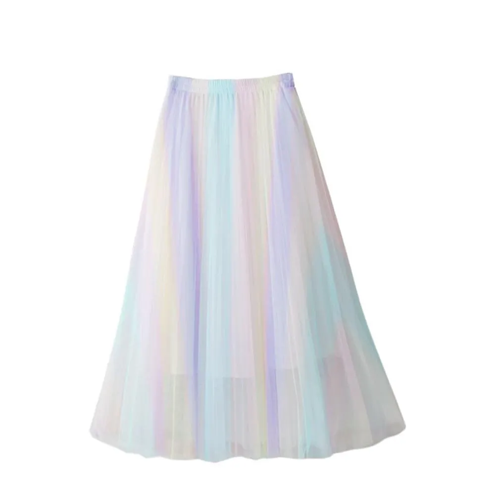 Vestidos verão doce arco-íris malha midi saia fada colorido cintura elástica aline senhora faldas estilo praia mulheres contraste cor fresco robe