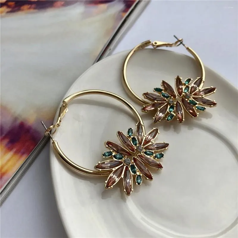 Hoop Earrings Gorgeous Gold Color Plating Orange Red Stone Decorated Statemenet Floral For Women Girl Casual Party Annivsersary