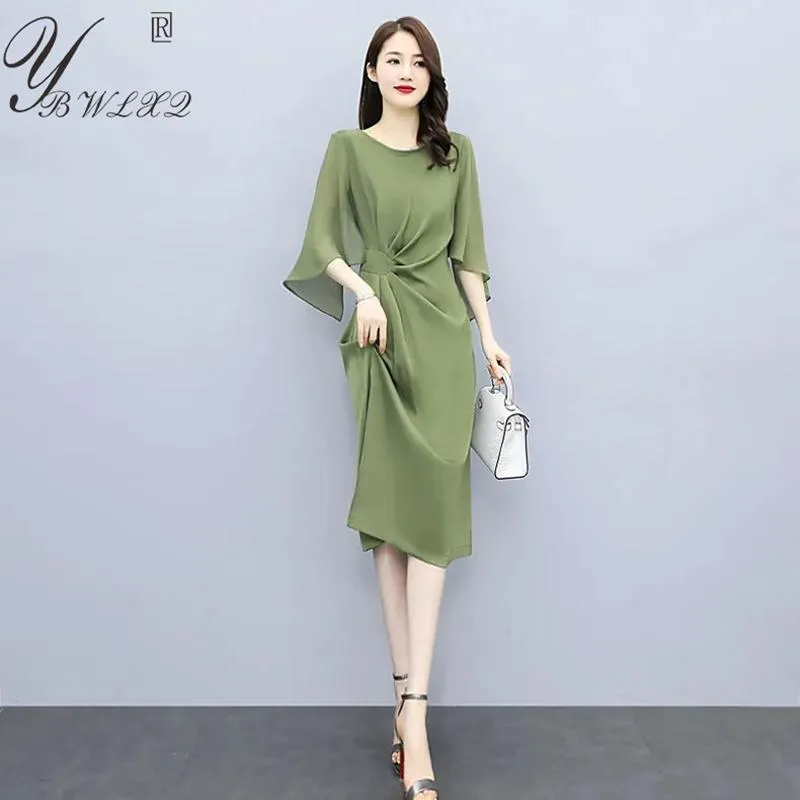 ドレス2022夏の薄いソリッドカラーシフォンドレス韓国のファッションフリルスリーブミディフローファイーパーティードレスM3xlビッグサイズ女性ベスティド