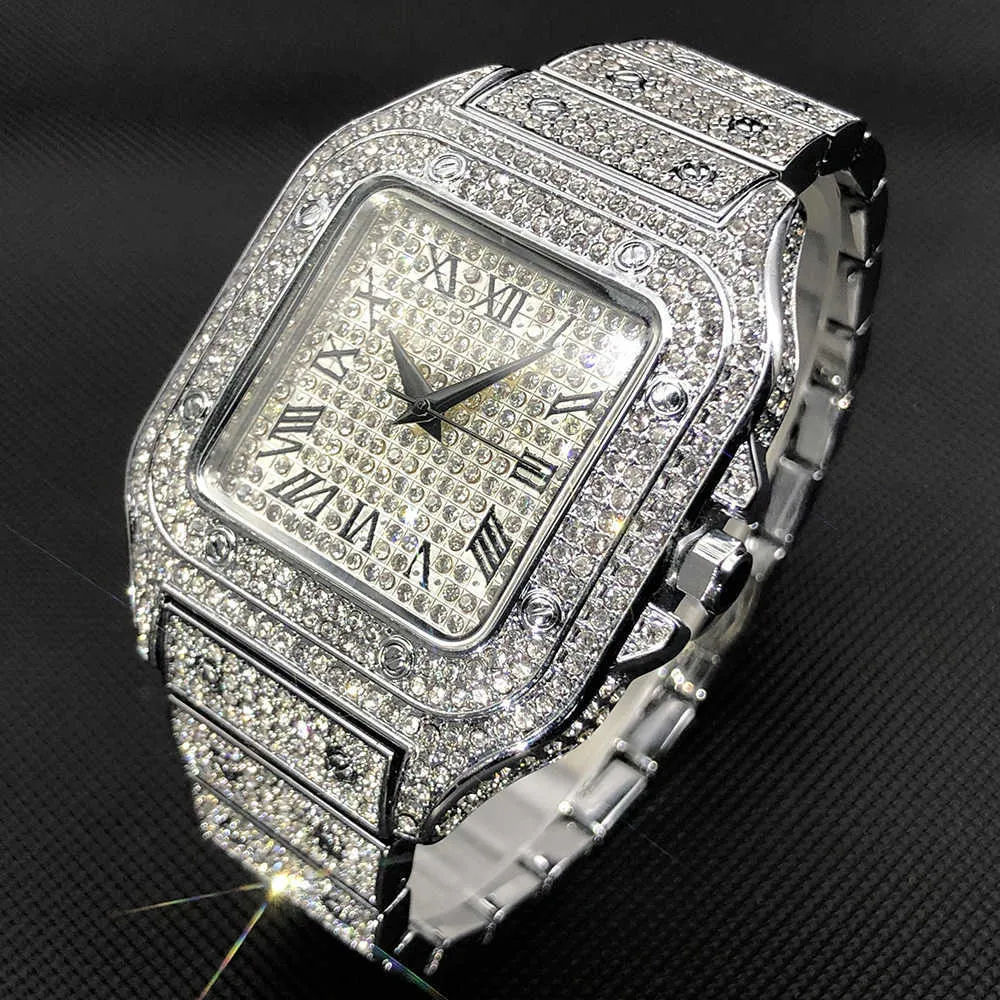 손목 시계 Miss Ice Out Square Watcher Men Top Brand Luxury Full Diamond Mens Watches Ultra Thin Waterproof Hip Hop Clock Dropshipping 230602