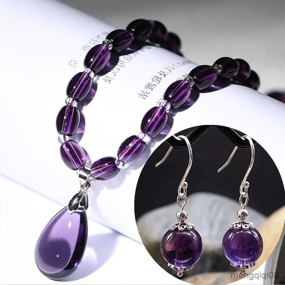 Stud Natural Amethyst Boucles d'oreilles Collier Set Violet Bijoux pour femmes Wedding Party Gift collares