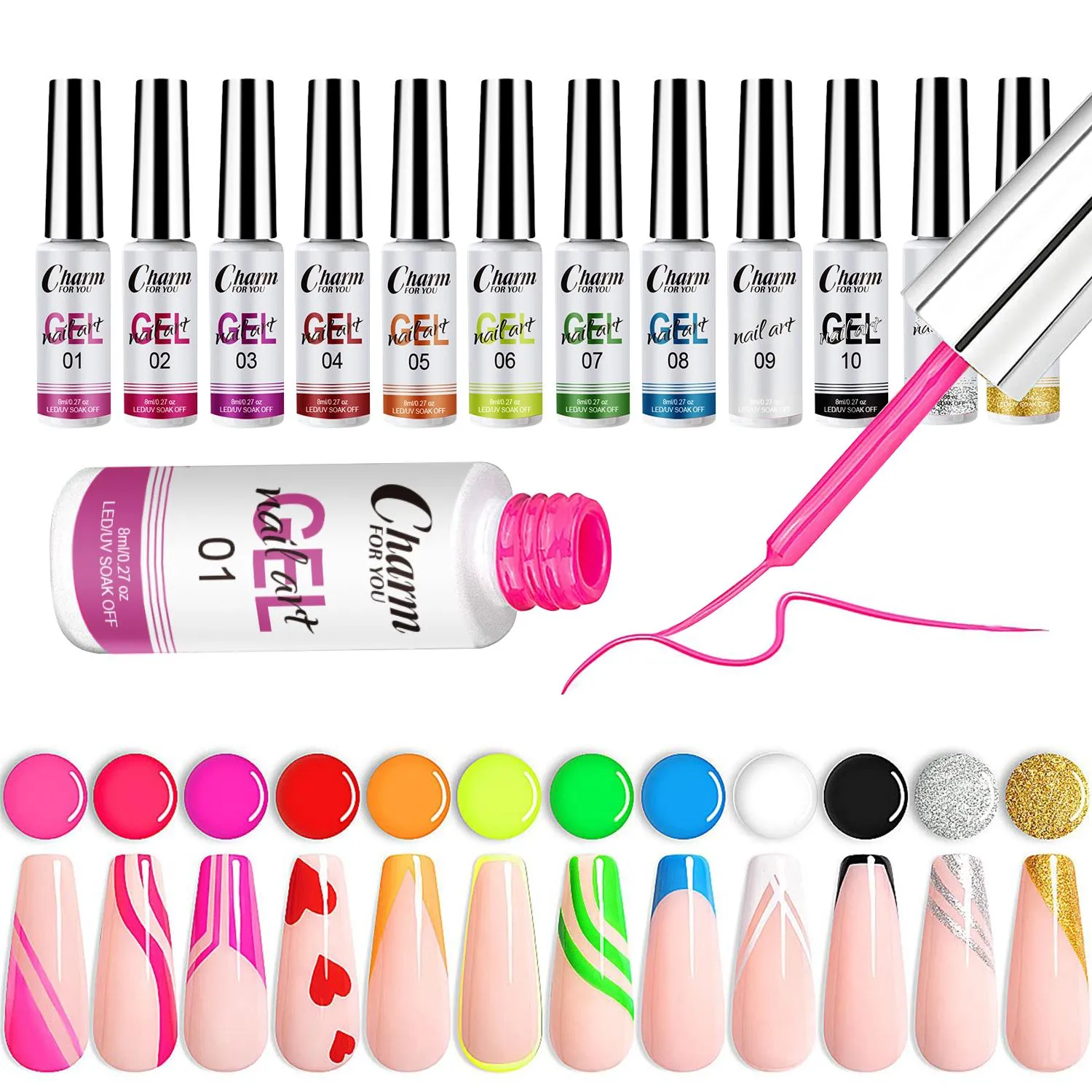 Connettori 12 colori tira kit smalto per unghie gel per fodera per gancio per gancio dipinto di gel di manicure di design spazzolato Accessori per nail art.