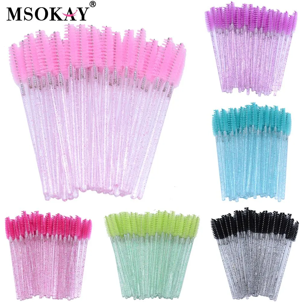 Brosses msokay 50pcs colorés brillant extension de cils mascara Mascara Pink White Glitter Eye Lash Brushes Curl Lash Spolies Makeup Tool