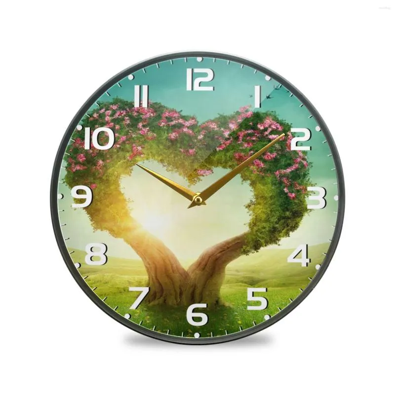 Horloges murales romantique arbre coeur amour acrylique horloge ronde suspendue montre silencieuse sans tic-tac calme bureau pour salon décor à la maison