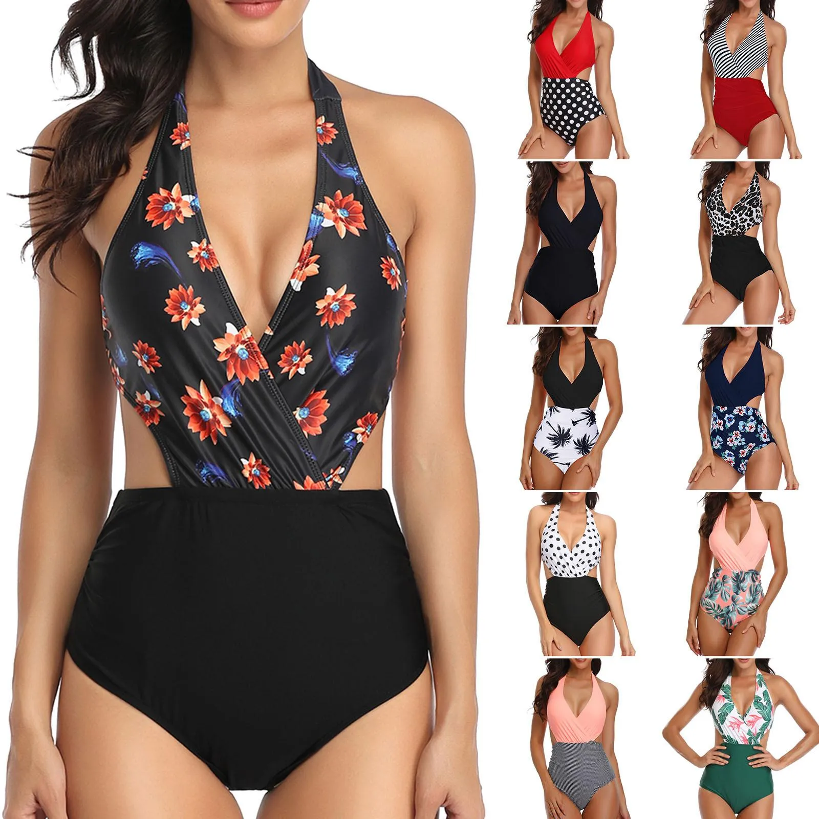 Swimwear Women OnePiece Multicolor Print Sexy Bikini With Chest Pads Without Steel Bra Swimsuit Push Up Swimsuit Mid Waist Bikini 2022