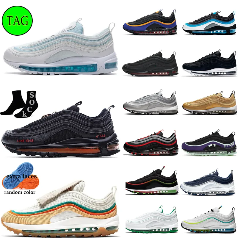 Original Running Shoes 97 97S Herr Mens Women Sneakers Designer Low Trainers New Style of Light Bone Triple Black White Gold Sillver Bullet Jesus Satan Pine Green Size 36-45