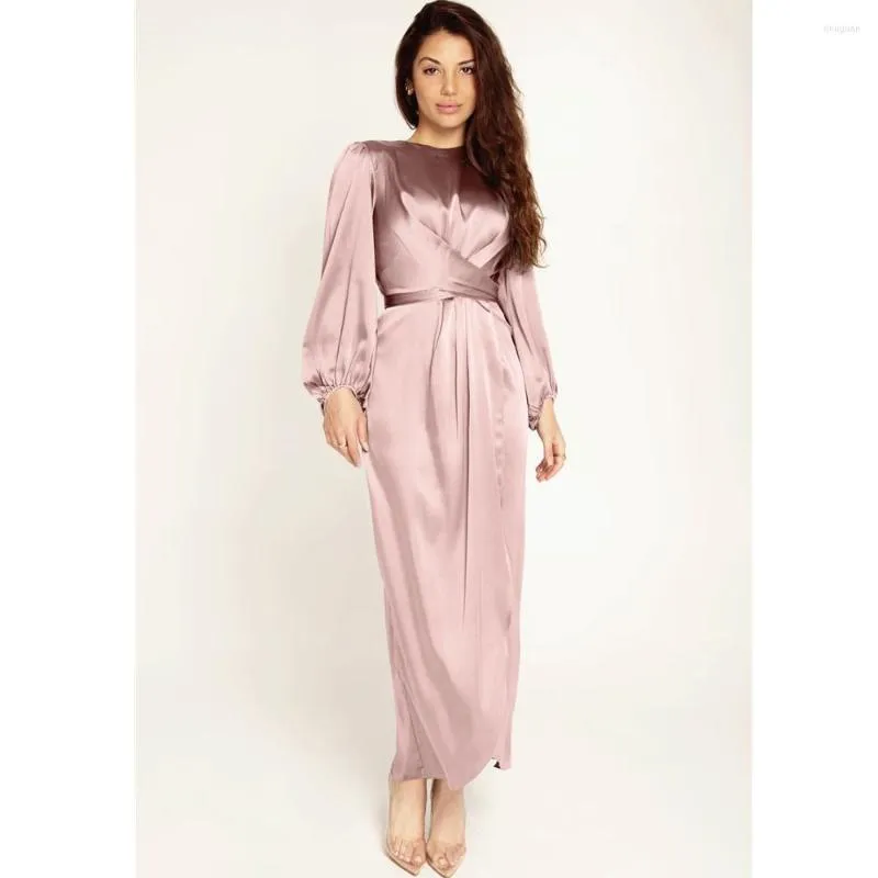 Casual Dresses WEPBEL Arabisches islamisches Kleid Dubai Satin Hohe Taille Abaya Frauen Muslim Weiches elegantes Korsett Langarm Robe Marocain Kaftan