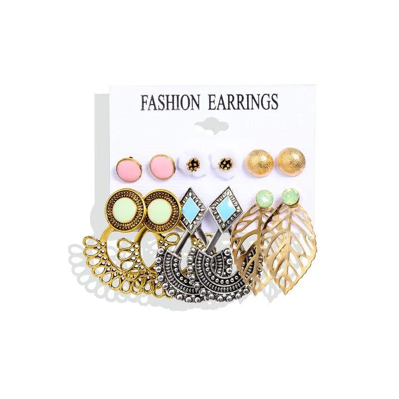 Stud Vintage Oorbellen Set Voor Vrouwen Boheemse Goud Kleur Gemengde Blad Bloem Strass Verklaring Oor Sieraden Groothandel Drop Levering Dhn14