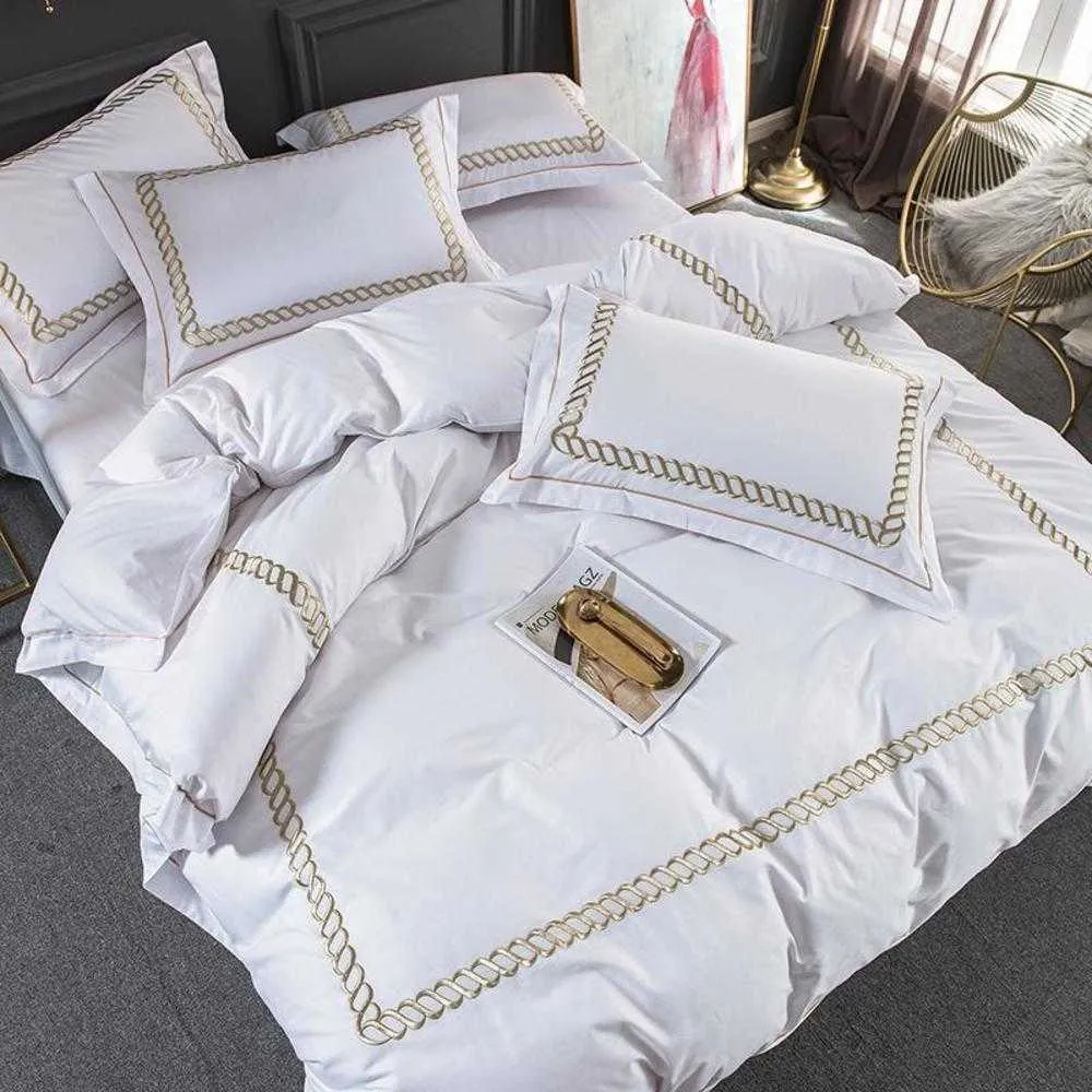 35 Blanc Coton De Luxe Hôtel / maison Ensemble De Literie King Queen Size Ensemble De Lit Draps Ensemble De Lin Broderie Housse De Couette Taie D'oreiller T200826