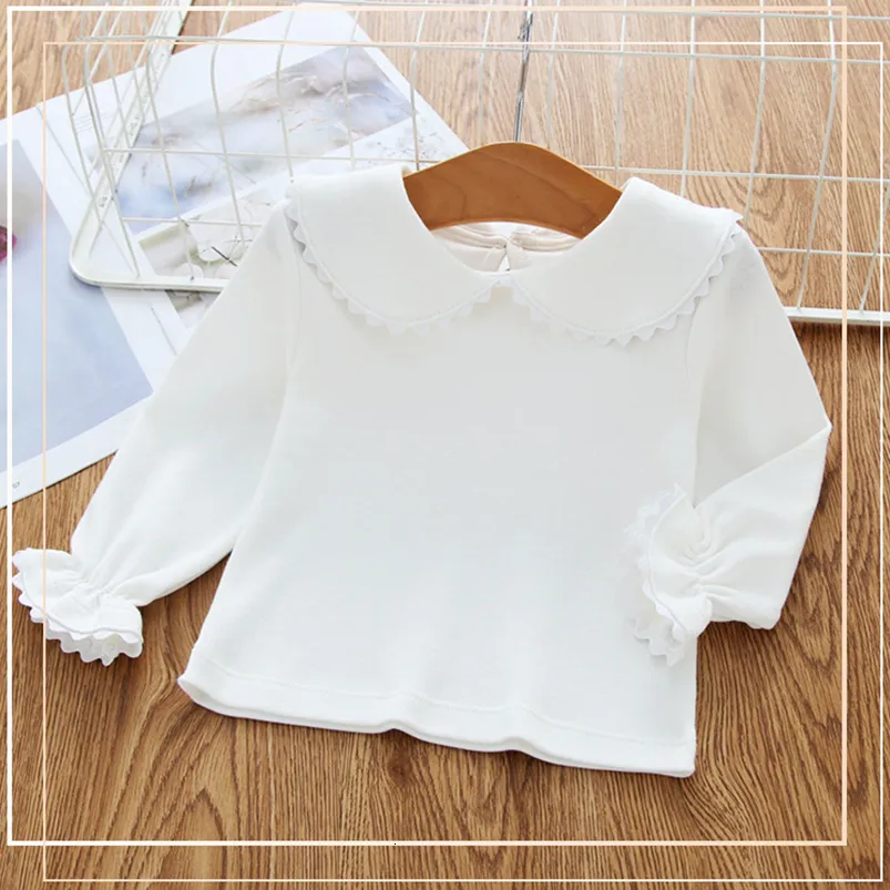 Tshirts White lace shirt for born baby girls round collar long sleeve pullovers Spring fall toddler bottom children cloth 230601