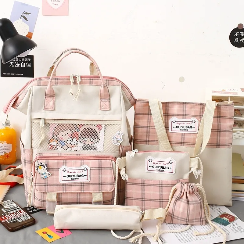 Рюкзаки 5 Set Women рюкзак Harajuku Plaid School Sacks для девочек -подростков мальчик Kawaii College Kids Book Bagpack Rucksack 230601