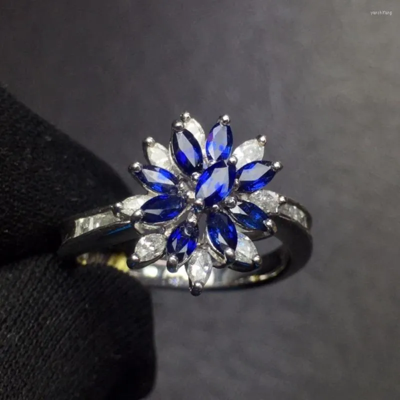 Cluster Anéis Jóias Finas Pt900 Real Platina Ouro Natural Azul Safira 0,9 quilates Pedras Preciosas Diamantes Casamento Feminino