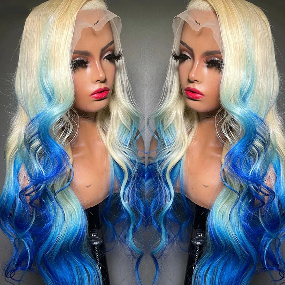 Blonde Ombre Blue Lace Front Wig Short Body Wave Synthetic Hair Wig HD Lace Frontal Wig for Women