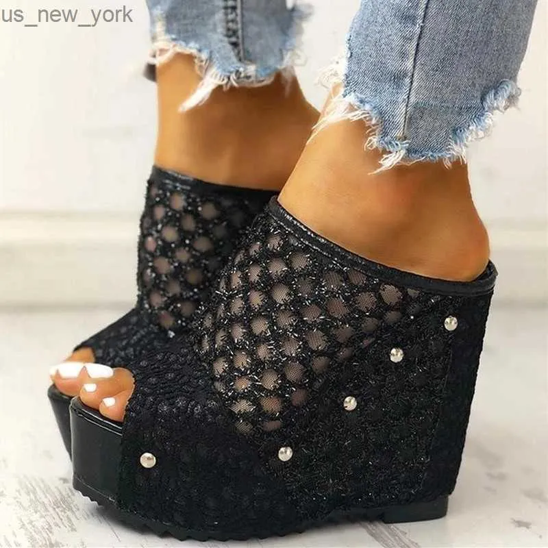 Akexiya Summer Women Mesh Sandals Platform Wedge Heel Studed Slip On Peep Toe Rubber Sole Elegant Mature Ladies Shoes Female L230518