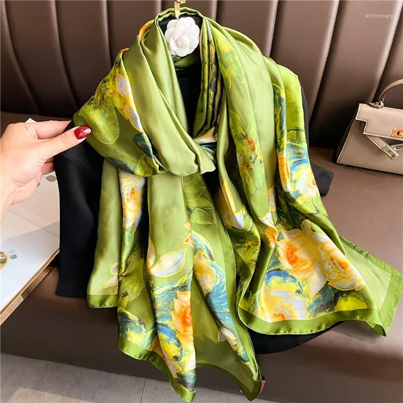 Halsdukar Design Silk Feeling Hijab Scarf For Women Headband Luxury Stor sjal och Wrap Bandana Female Floral Print Head Foulard