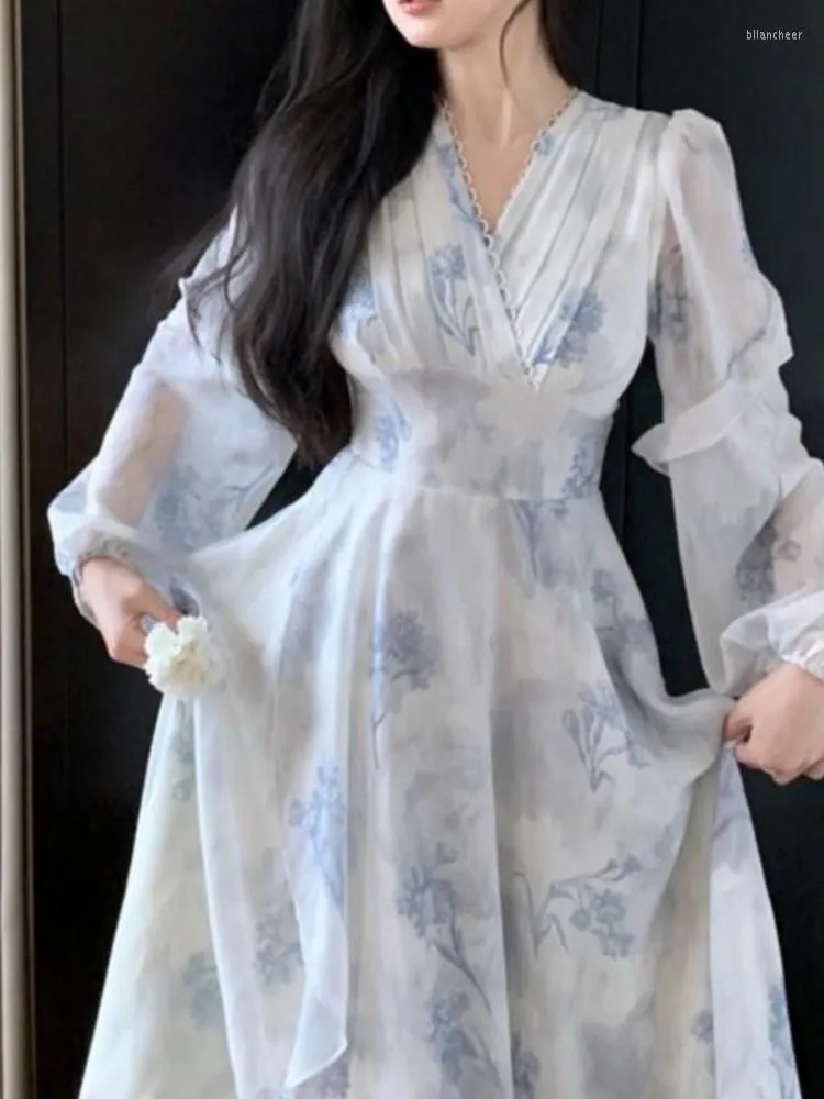Casual klänningar kinesisk stil blå vit ritning elegant lång ärm tryckt sommarklänning vestidos de noite