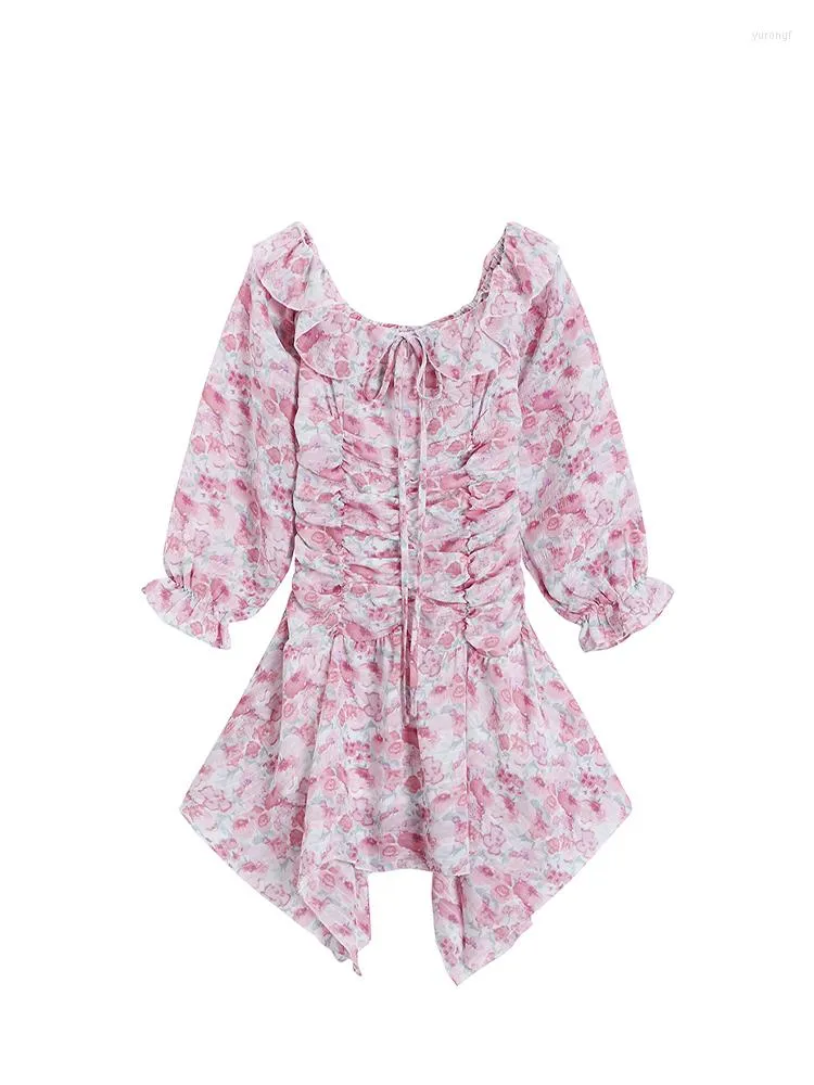 Robes décontractées Style français rétro imprimé fleuri femmes à volants Mini robes printemps col carré cravate plissée dames robe Slash cou