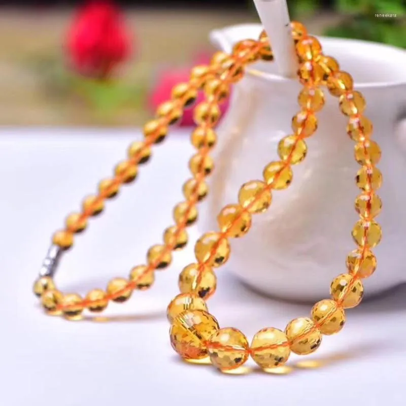 Chains Natural Yellow Citrine Quartz Faceted Round Beads Pendant Necklace 6-10mm Women Wealthy Stone