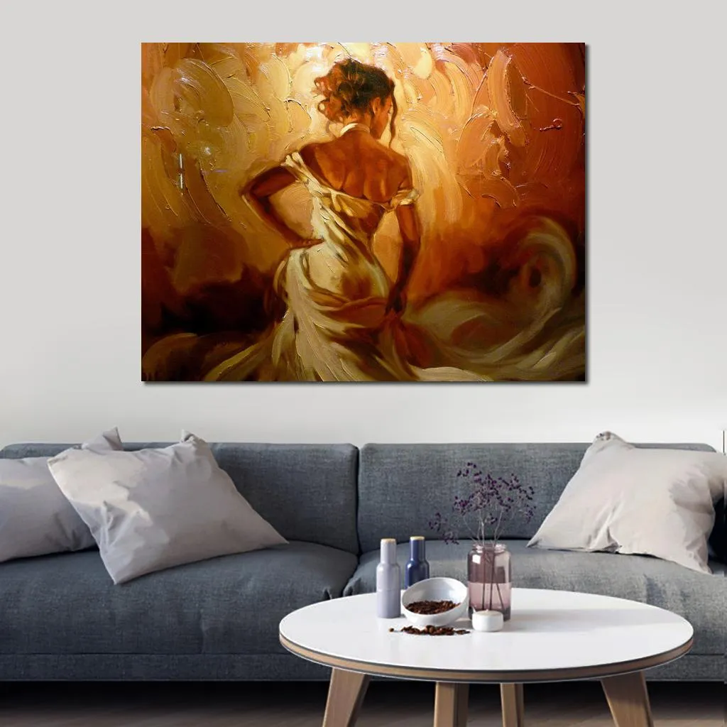 Contemporary Figurative Canvas Art Lady in Gold Hand Painted Spanish Dancing Oil Paintings Perfect for Cultural Centers